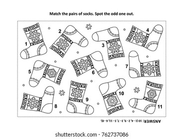 IQ training visual logic puzzle and coloring page with Santa's (or somebody's else) knitted socks. Match the pairs. Spot the odd one out. Answer included.
