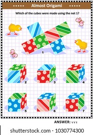 IQ training visual math puzzle (suitable both for kids and adults): When the 1 is folded to form a cube, which of the 2 - 7 can be produced? Answer included.