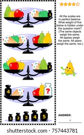 IQ training visual math puzzle with scales, weights, apples, pears and ice cream cones: What weight of five below is hidden under the question mark.  Suitable both for children and adults. With answer.