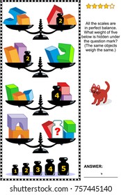 IQ training visual math puzzle with scales, weights, and solids - cubes, arches and parallelepipeds:  What weight of five below is hidden under the question mark? Suitable both for children and adults