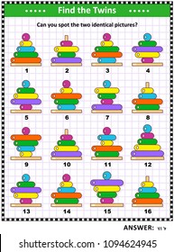 IQ training visual puzzle with colorful ring stackers: Find the two identical pictures of colorful ring stackers. Suitable both for children and adults. Answer included.