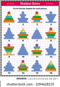 IQ training visual puzzle with colorful ring stackers: Try to find the shadow for each picture. Answer included.