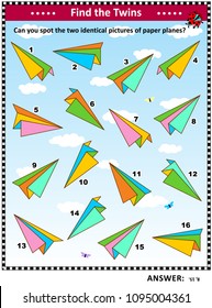 IQ training visual puzzle with colorful paper planes: Find the two identical paper plane images. Suitable both for children and adults. Answer included.