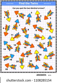 IQ training visual puzzle with colorful arrows (suitable both for kids and adults): Can you spot the two identical arrows? Answer included.