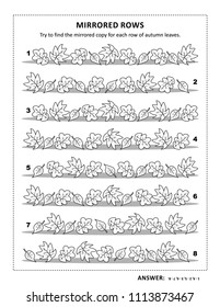 IQ training visual puzzle and coloring page with autumn leaves: Try to find mirrored copy for every row. Answer included.