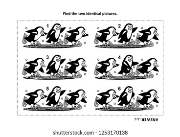 IQ training visual puzzle and coloring page with skating penguins: Find the two identical images. Answer included.