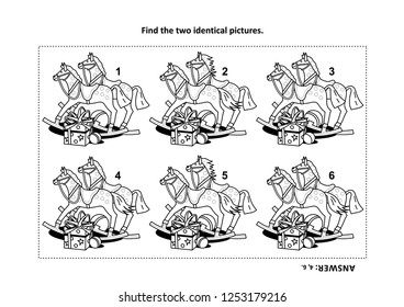 IQ training visual puzzle and coloring page with holiday presents: Find the two identical images. Answer included.