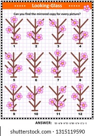 IQ training visual puzzle with first spring flowers: Can you find the mirrored copy for every picture? Answer included.
