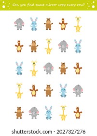 IQ training visual puzzle. Match the pairs - find the exact mirror copy for every row.