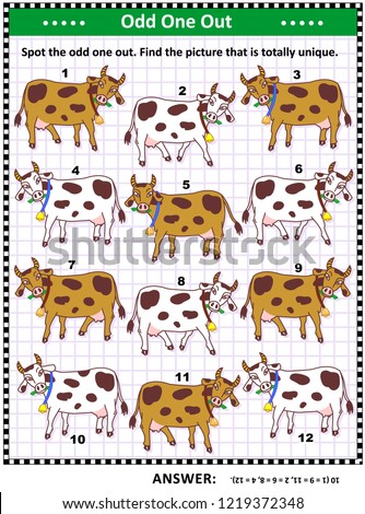 IQ training visual puzzle with milk cows on the pasture (suitable both for kids and adults): Spot the odd one out. Find the unique picture. Answer included.