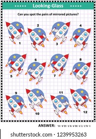 IQ-Training visuelles Rätsel mit gespiegelten Bildern von Raketen oder Raumschiffen: Entsprechen Sie den Paaren - suchen Sie die exakte Spiegelkopie für jedes Bild. Antwort enthalten.