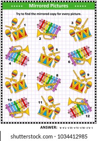 IQ training visual puzzle with musical toy instruments: Try to find mirrored copy for every picture. Answer included.