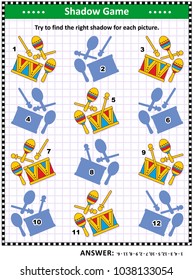 IQ training visual puzzle or picture riddle with musical toy instruments: Try to find the right shadow for every picture of drum and maracas. Answer included.