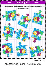 IQ training visual puzzle (suitable both for kids and adults): Can you count the number of fish without the assembling the jigsaw puzzle? Answer included.