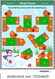 IQ training visual puzzle (suitable both for kids and adults) or picture riddle: Try to find the correct net for the model house 6. Answer included.