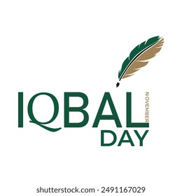 Iqbal day logo design with green and gold feather pen icon, minimalist graphic for cultural events, national celebrations, and historical awareness on Iqbal day in November