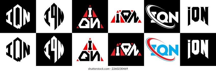 IQN letter logo design in six style. IQN polygon, circle, triangle, hexagon, flat and simple style with black and white color variation letter logo set in one artboard. IQN minimalist and classic logo