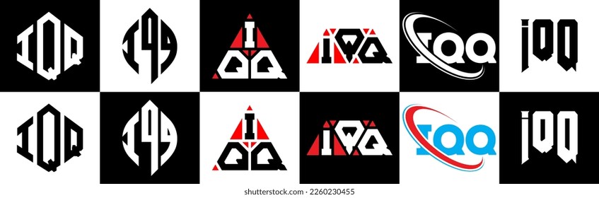 IQQ letter logo design in six style. IQQ polygon, circle, triangle, hexagon, flat and simple style with black and white color variation letter logo set in one artboard. IQQ minimalist and classic logo