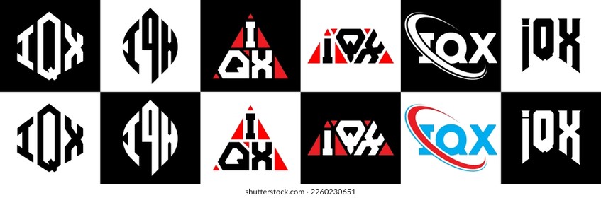 IQX Buchstaben Logo Design in sechs Stilrichtungen. IQX Polygon, Kreis, Dreieck, Hexagon, flacher und einfacher Stil mit schwarz-weißem Farbänderungslogo in einem Zeichenbrett. IQX minimalistisches und klassisches Logo