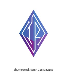 IR Initial letter block chain logo icon vector template. Looping mono line circuit letter on rhombus cube logo
