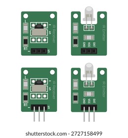 IR Receiver and Emitter sensor modules. Infrared transmitter and receiver PCB kit vector. Technical illustration for microcontroller project tutorials, electronics engineering diagrams, and educational schematics for wireless communication