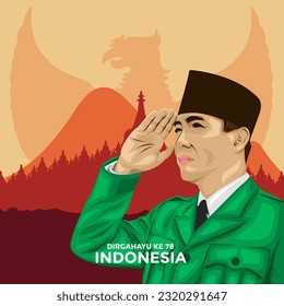 Ir. Soekarno in vector style and nature background for Indonesia Independance day