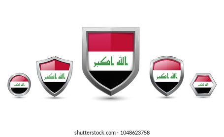 Irak badges silver shape shield, circle and hexagon stock vector illustration