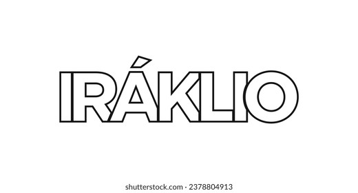 Heraklion im griechischen Emblem für Druck und Web. Das Design zeichnet sich durch geometrischen Stil, Vektorgrafik mit gewagter Typografie in moderner Schrift aus. Grafische Slogan-Schrift einzeln auf weißem Hintergrund.