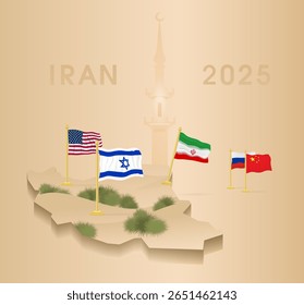 Iran in 2025 during the destruction of nuclear facilities. Flags of the USA, Israel, Iran, Russia, China. Flags of Iran's partner countries are located far from Iran's borders. Desert landscape.