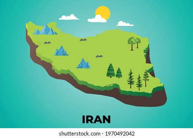 Iran 3d isometric map with topographic details mountains, trees and soil vector illustration design