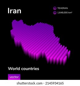 Iran 3D map. Stylized neon simple digital isometric striped vector Map of Iran is in violet colors on black background. Educational banner.