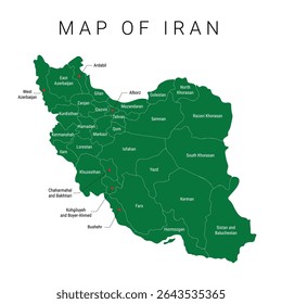 Iran Administrative map vector isolated illustration. Iranian map with Provinces. Iran Political map with Regions, Red, Blue, Green, Grey, Colorful Iran outline map, eps 10