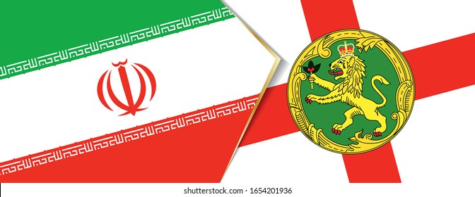 Iran and Alderney flags, two vector flags symbol of relationship or confrontation.