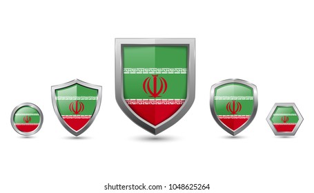 Iran badges silver shape shield, circle and hexagon stock vector illustration