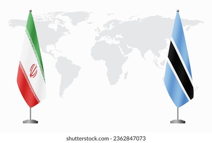 Iran and Botswana flags for official meeting against background of world map.