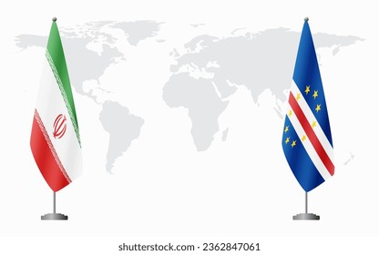 Iran and Cape Verde flags for official meeting against background of world map.