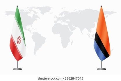 Iran and Chagos Islands flags for official meeting against background of world map.