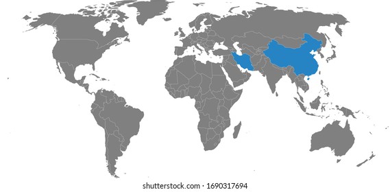 Iran, China Countries Highlighted On World Map. Gray Background. Business Concepts, Health, Trade, Transport.