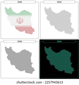 Mapa de puntos de ladrillo mosaico circular de Irán, conjunto de colores de bandera nacional, frontera de país de silueta negra aislada en fondo blanco, ilustración de vector geográfico