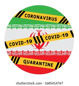 Iran closes borders. Caution tape with black and yellow lines and text keep out on Iran flag background. The idea of closing the country to prevent the spread of the coronavirus (COVID19).