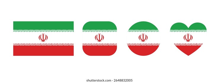Iran: Collection of vector illustrations featuring the Iranian flag in various shapes (rectangle, circle, heart) and a map outline. National symbol of Iran.