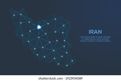 Iran communication network map. Vector low poly image of a global map with lights in the form of cities. Map in the form of a constellation, mute and stars