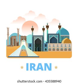 Iran country design template. Flat cartoon style historic sight showplace web site vector illustration. World vacation travel sightseeing Asia Asian collection. Azadi Tower Imam Shah Mosque Persepolis