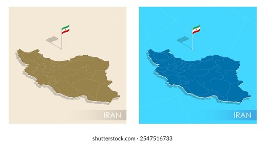 Iran country flag installed on geographic positioning map point of country territory. Iranian commonwealth banner on land and sea. Festive patriotic HD format template for independence day