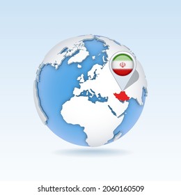 Iran - country map and flag located on globe, world map. 3D Vector illustration