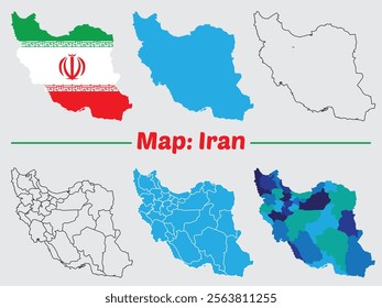 Iran country map set. internal provinces borders marked, Simple map of Iran vector drawing, Filled and outline.