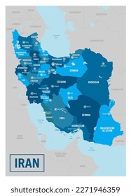 Die politische Landkarte des Iran. Detaillierte Vektorgrafik mit isolierten Provinzen, Abteilungen, Regionen, Städten, Inseln und Staaten, die leicht zu entschlüsseln sind.