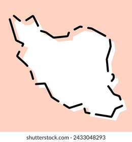 In: Iran Country Simplified Map. Weiße Silhouette mit schwarzer gebrochener Kontur auf rosa Hintergrund. Einfaches Vektorsymbol