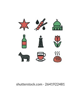 Iran Culture and Landmarks Icon Set – Vector Symbols of Mosque, Tea, Kebab, horse, Persian food Middle Eastern Identity symbols.