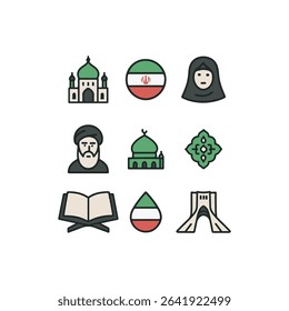 Iran Culture and Landmarks Icon Set – Vector Symbols of Mosque, Iranian Flag, Hijab, Cleric, Islamic Architecture, Persian Ornament, Azadi Tower, Quran, and Middle Eastern Identity